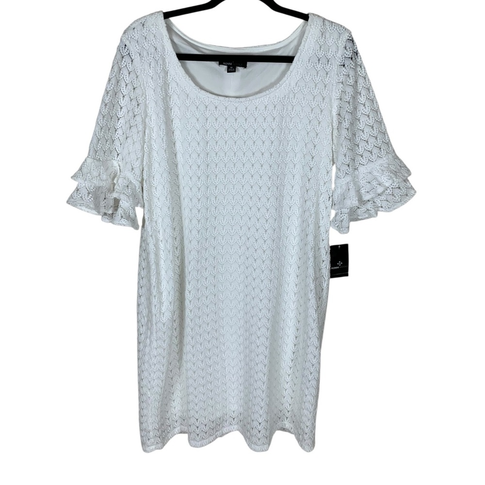 Women's Ronni Nicole White Short Ruffle Sleeve Lace Knee Length Shift Dress 16
